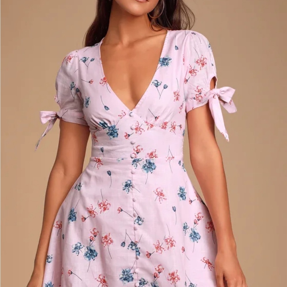 LULU'S Lilly Light Pink Floral Tie Sleeve Dress NWT S LG - Picture 4 of 15